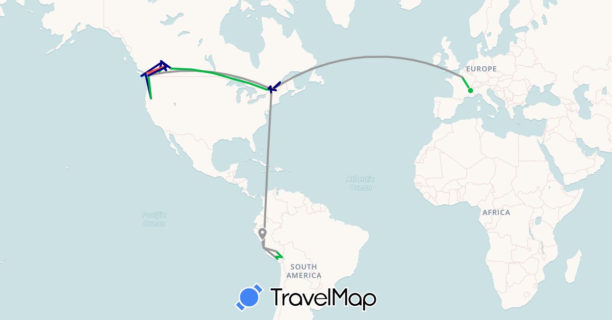 TravelMap itinerary: driving, bus, plane, hiking, boat, hitchhiking in Canada, France, Peru, United States (Europe, North America, South America)